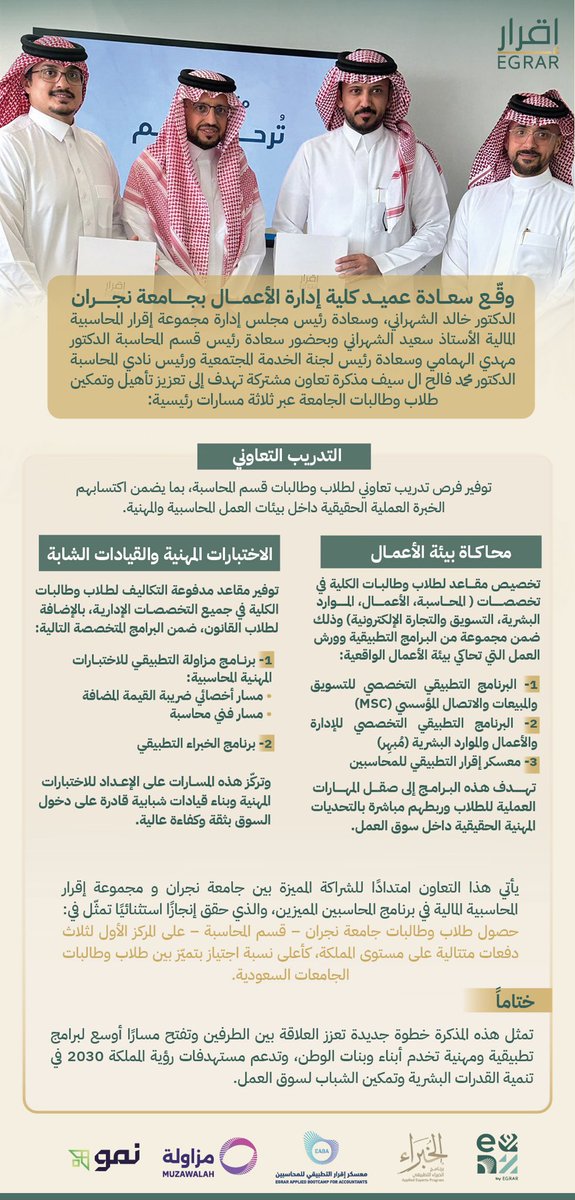 📢 #خبر | توقيع مذكرة تعاون بين كلية إدارة الأعمال بجامعة نجران ومجموعة "إقرار المحاسبية والمالية"